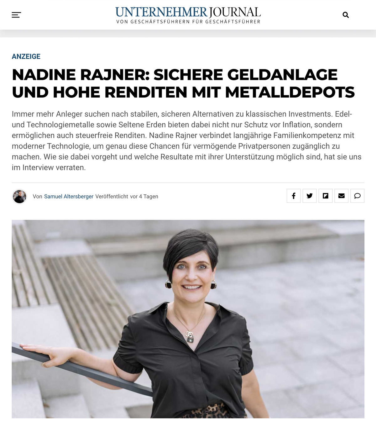 Nadine Rajner: Sichere Geldanlage und hohe Renditen mit Metalldepots