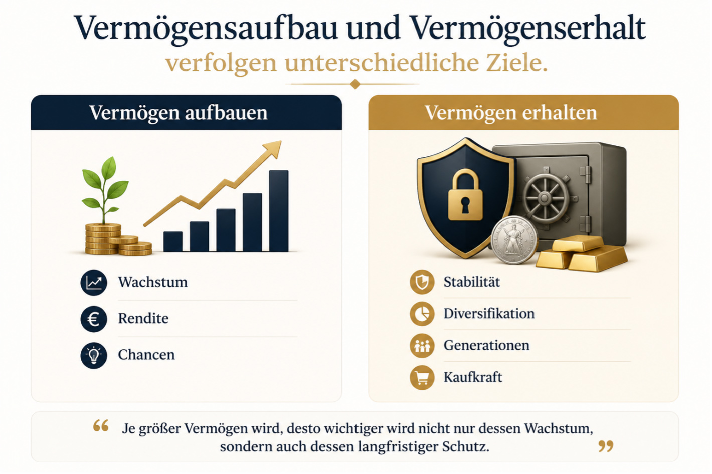 Vermögensaufbau und Vermögenserhalt verfolgen unterschiedliche Ziele.
